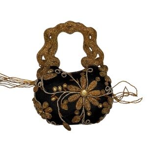 Mary francés black velvet gold beaded floral applique purse clutch bag